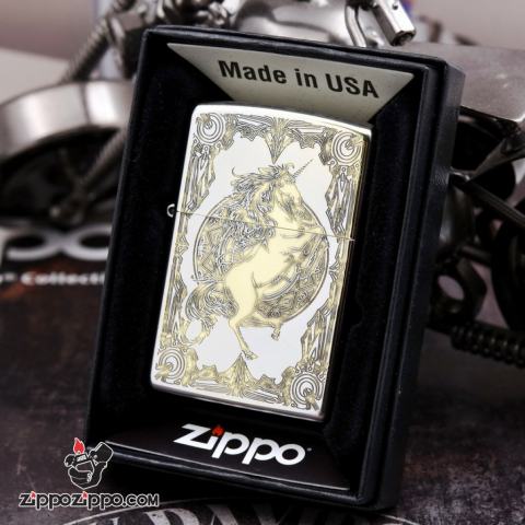 Bật Lửa Zippo Phiên Bản Hàn Quốc Khắc Họa Tiết Kỳ Lân Bản Chrome