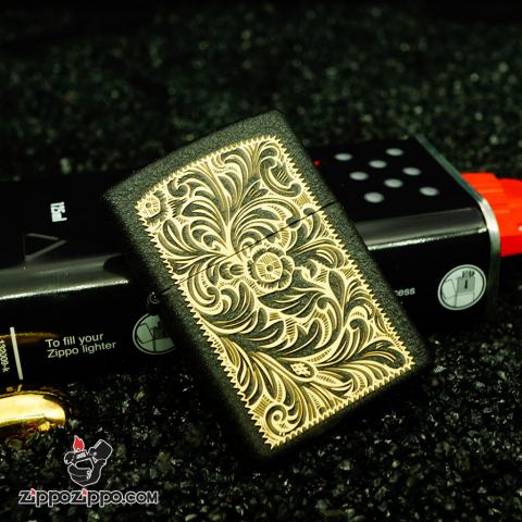 Bật Lửa Zippo Phiên Bản Màu Đen Nứt Khăc Hoa Văn