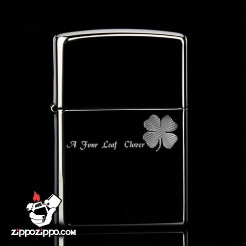Bật lửa Zippo trơn đen xám in hình cỏ bốn lá măn máy
