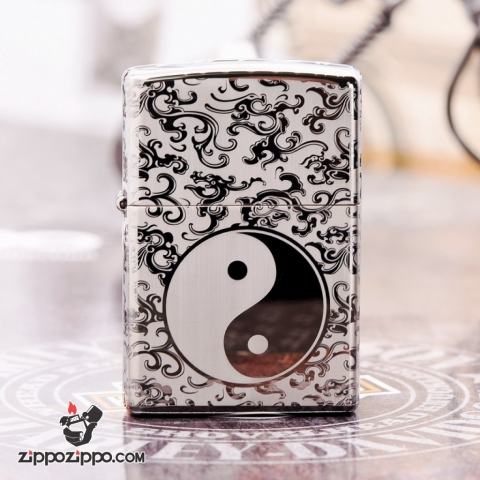 Zippo 150  Đen Bóng Khắc Hình Bát Quái Âm Dương