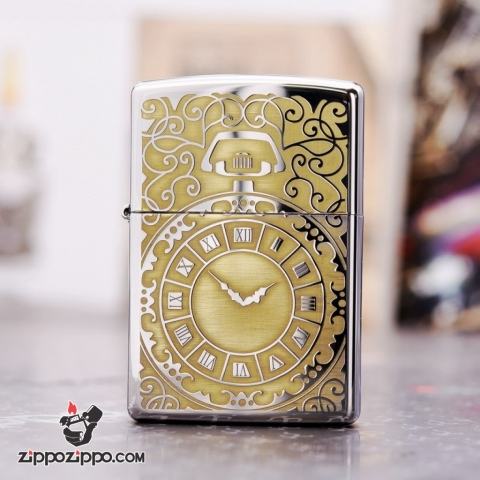 Zippo 250 Bạc khắc hình đồng hồ  màu đồng - Thời gian là tiền bạc