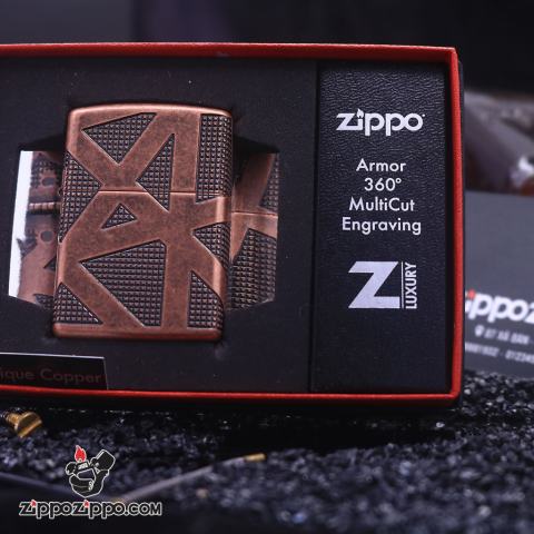 Zippo Armor đồng đỏ giả cổ khăc  hoa văn hình học không gian bao quanh lên 4 mặt