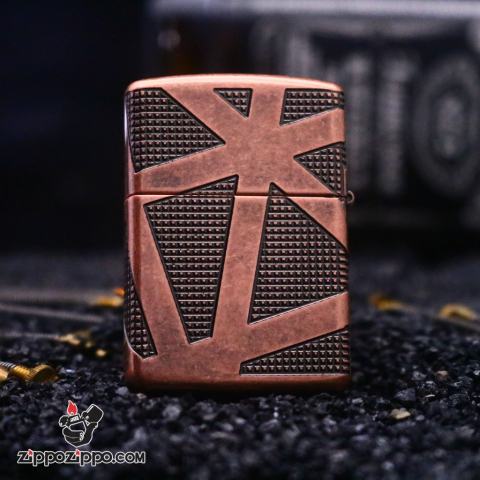 Zippo Armor đồng đỏ giả cổ khăc  hoa văn hình học không gian bao quanh lên 4 mặt