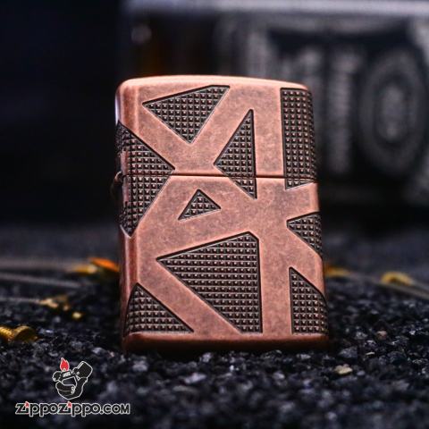 Zippo Armor đồng đỏ giả cổ khăc  hoa văn hình học không gian bao quanh lên 4 mặt