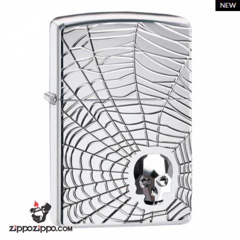 Zippo Armor khắc đa chiều hình ảnh mạng nhện đính kèm viên pha lê Swarovski SKULL