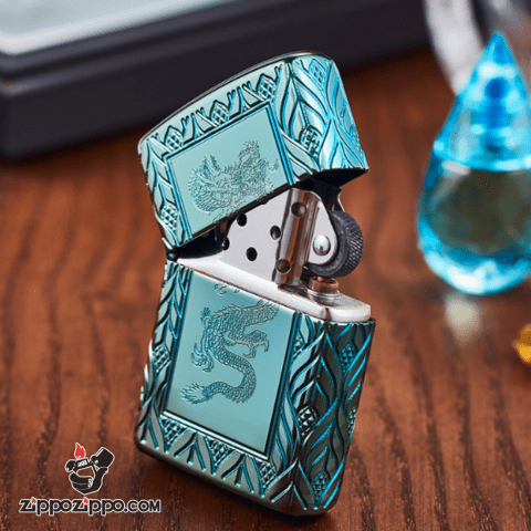 Zippo Armor màu xanh lá cây khắc sâu  MultiCut 360 hoa văn và Rồng chính giữa