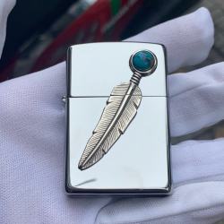 Zippo bạc bóng lông vũ đá quý - Mã SP: ZPC3050