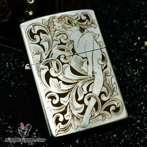 Zippo bạc xước khắc họa tiết cô gái