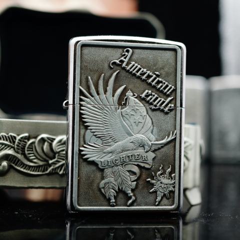Zippo bạc xước ốp nổi American Eagle Ver 2