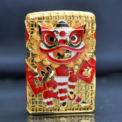 Zippo Bọc Lưới Vàng Ốp Chủ Đề Múa Lân - Mã SP: ZPC4269