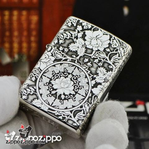 Zippo Chính Hãng Bạc Khối Khắc Vòm Hoa Mẫu Đơn Xung Quanh bản armor