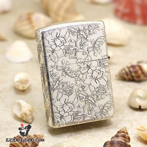 Zippo Chính Hãng Bạc Khối Khắc Vòm Hoa Mẫu Đơn Xung Quanh bản armor