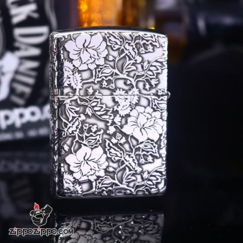 Zippo Chính Hãng Bạc Khối Khắc Vòm Hoa Mẫu Đơn Xung Quanh Phiên Bản Giới Hạn