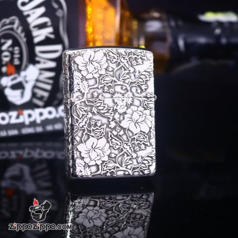 Zippo Chính Hãng Bạc Khối Khắc Vòm Hoa Mẫu Đơn Xung Quanh Phiên Bản Giới Hạn