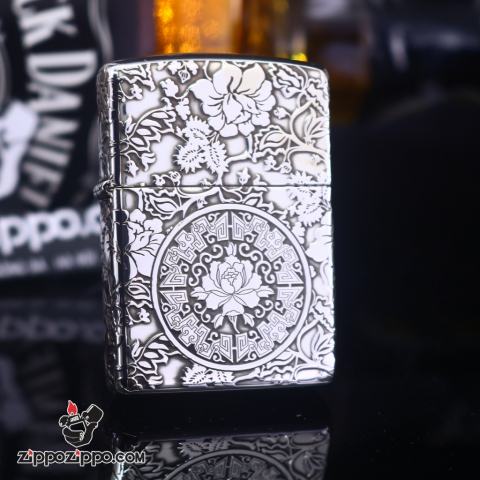 Zippo Chính Hãng Bạc Khối Khắc Vòm Hoa Mẫu Đơn Xung Quanh Phiên Bản Giới Hạn