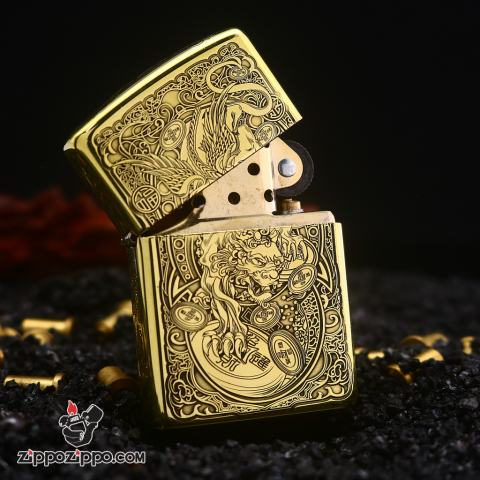 Zippo Chính Hãng Đồng Armor Khắc Tỳ Hưu Hoa Văn Đồng Xu Tinh Xảo Bản Khắc Siêu Sâu