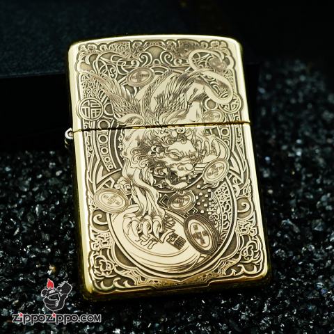 Zippo Chính Hãng Đồng Armor Khắc Tỳ Hưu Hoa Văn Đồng Xu Tinh Xảo Bản Khắc Siêu Sâu