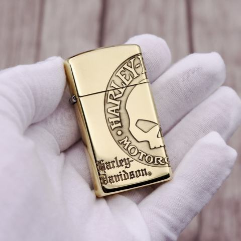 Zippo Chính Hãng Đồng Bóng Khắc Hình Đầu Lâu Harley Davidson Phiên Bản Hẹp Slim