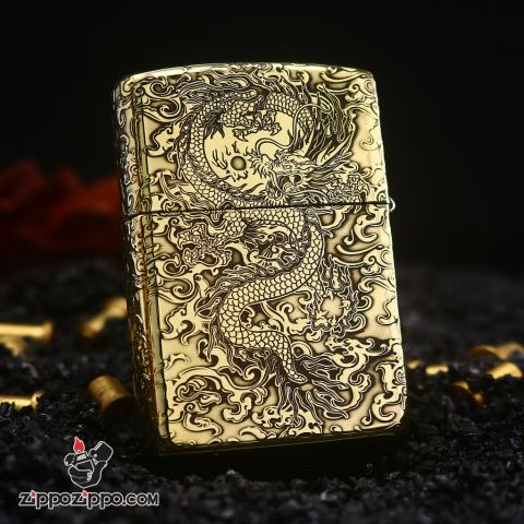 Zippo Chính Hãng Đồng Bóng Khắc Rồng May Mắn Tài Lôc Armor bản khắc Siêu sâu