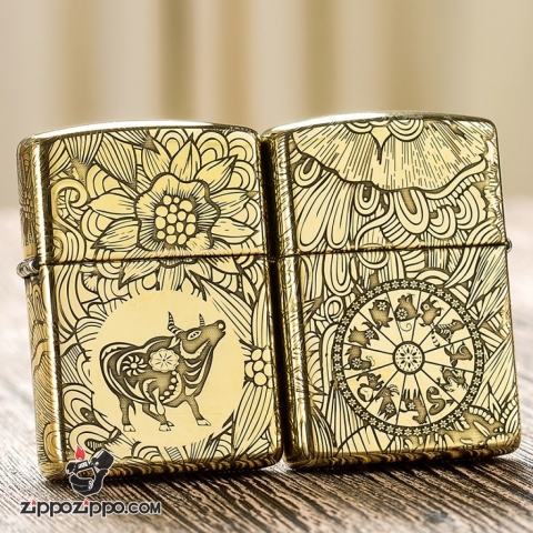 Zippo Chính Hãng Đồng Khắc 12 Con Giáp Tuổi Sửu ( trâu)
