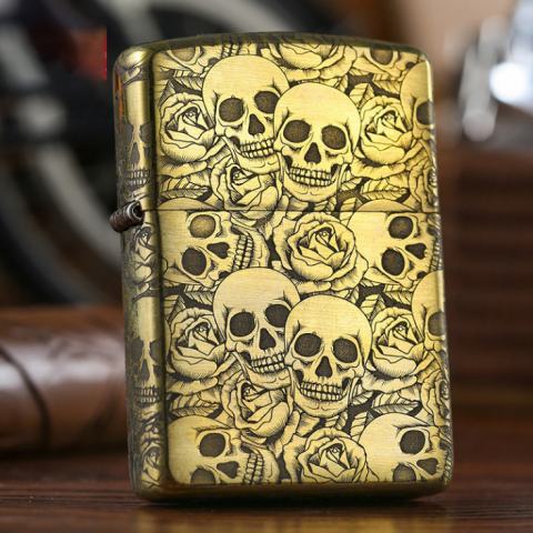 Zippo Chính Hãng Đồng Khắc 5 Năm Mặt Đầu Lâu Hoa Hồng Vỏ Dày Armor