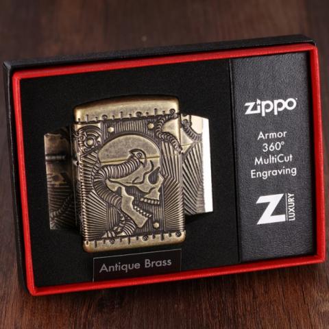 Zippo Chính Hãng Đồng Khắc Đầu Lâu Hộp Sọ Vỏ Dày Armor