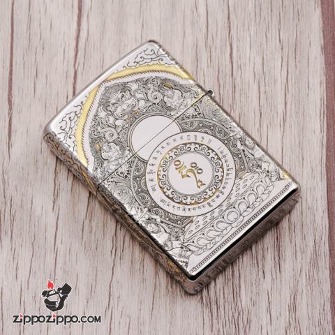 Zippo Chính Hãng Đồng Khắc Đức Phật Ngồi Trên Đài Sen Hoa Văn Tinh Tế Bản Chorme