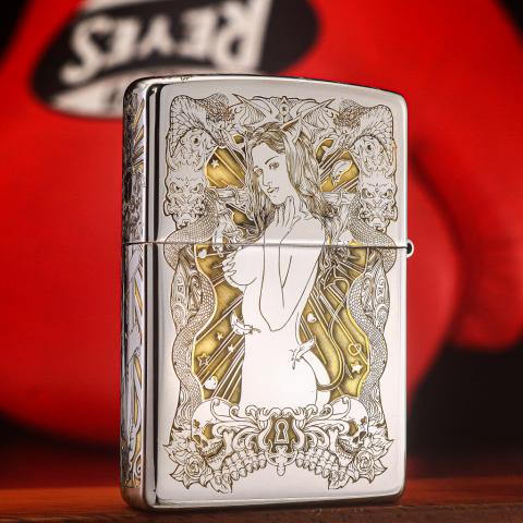 Zippo chính hãng đồng khắc hình cô gái sexy quyến rũ bản mạ chrome