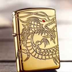 Zippo Chính Hãng Đồng Mạ Vàng Khắc Rồng Mắt Đỏ Tinh Xảo Vỏ Dày Armor - Mã SP: ZPC1092
