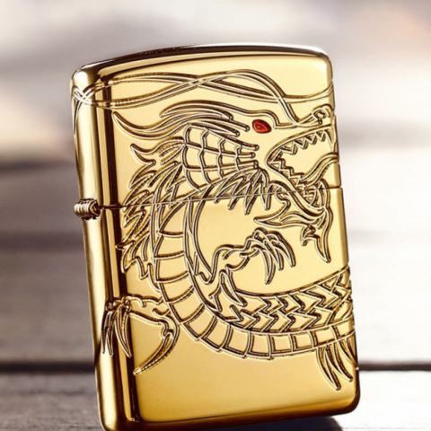 Zippo Chính Hãng Đồng Mạ Vàng Khắc Rồng Mắt Đỏ Tinh Xảo Vỏ Dày Armor