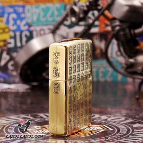 Zippo Chính Hãng Khắc Tranh Bách Phúc Đồng Nguyên Khối
