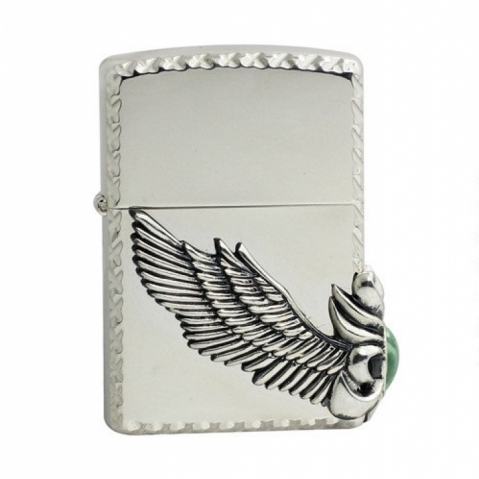 Zippo Chính Hãng Màu Bạc Có Cánh Thiên Thần Gắn Ngọc Xanh Bên
