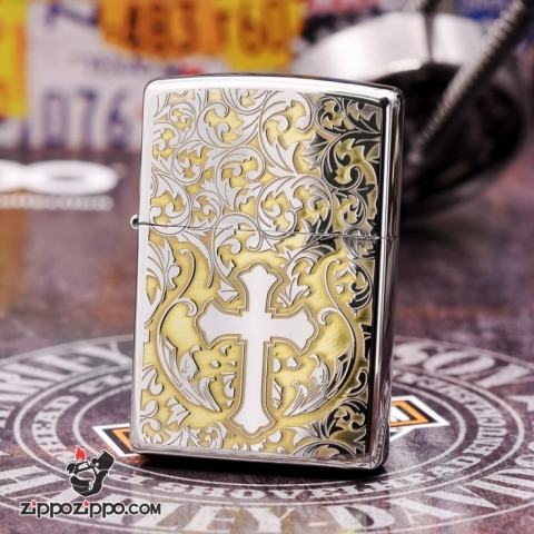 Zippo Chính Hãng Màu Bạc Khắc Hoa Văn Arab Xung Quanh Thánh Giá
