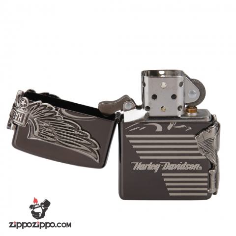 Zippo Chính Hãng Màu Đen Khối Hình Động Cơ Harley Davidson Bên Sườn