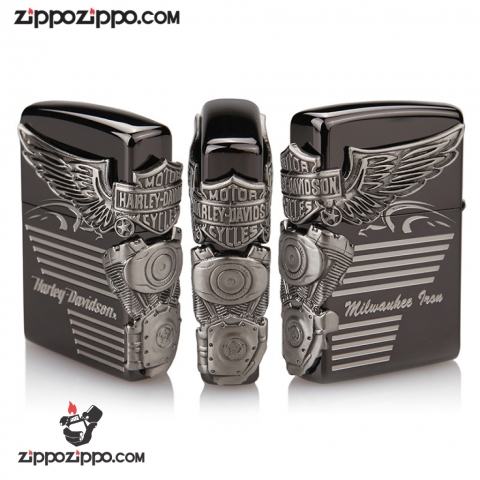 Zippo Chính Hãng Màu Đen Khối Hình Động Cơ Harley Davidson Bên Sườn