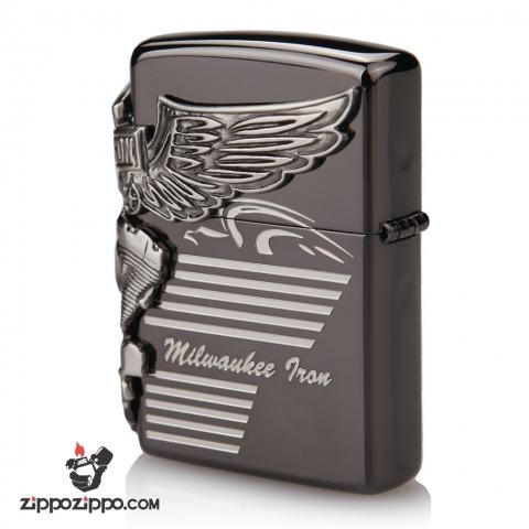 Zippo Chính Hãng Màu Đen Khối Hình Động Cơ Harley Davidson Bên Sườn