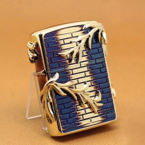 Zippo Chính Hãng Màu Vàng Đốt Đúc Hình Cành Liễu Nổi