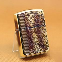 Zippo Chính Hãng Màu Vàng Đốt Khắc Hình Hổ Cùng Hoa Văn Tinh Xảo Vỏ Dày - Mã SP: ZPC1121