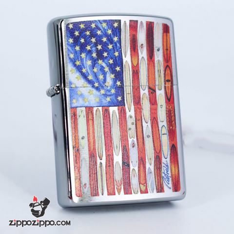 Bật Lửa Zippo Màu Trắng Xước In Ẩnh Lá Cờ Mỹ - SKU 49145 – Zipppo Rietveld American Flag Brushed Chrome