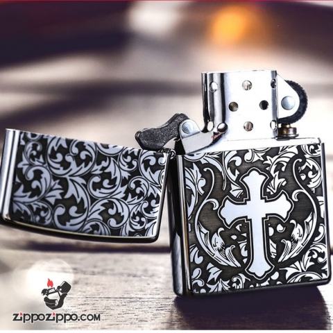 Zippo Chính Hãng Chrome Khắc Hoa Văn Arab Xung Quanh Chữ Thập