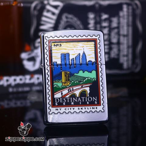 Zippo Cổ bạc xước in tem thành phố Skyline sản xuất 2000