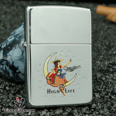 zippo cổ hãng bia miller - bản bạc bóng hình cô tiên 1996