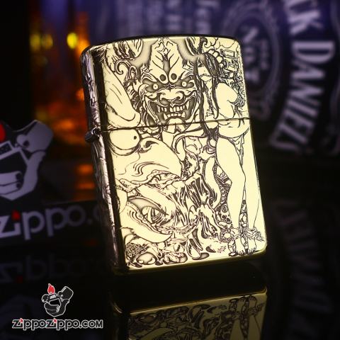 Zippo Đồng Nguyên Khối Khắc Hình Cô Gái Và Quỷ Dữ Amor