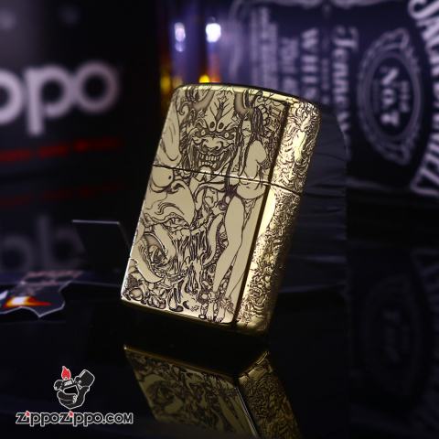 Zippo Đồng Nguyên Khối Khắc Hình Cô Gái Và Quỷ Dữ Amor