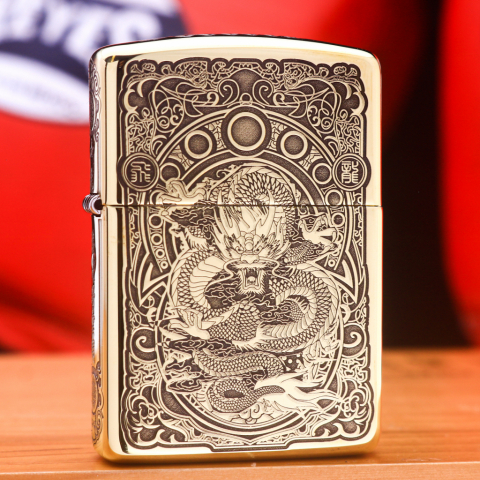 Zippo Khắc Hình Rồng Kèm Họa Tiết Hoa Văn Tinh Sảo Bản Armor