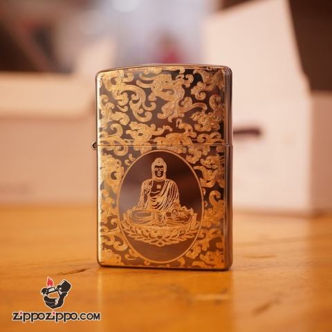 Zippo khắc phật mạ vàng mầu đen