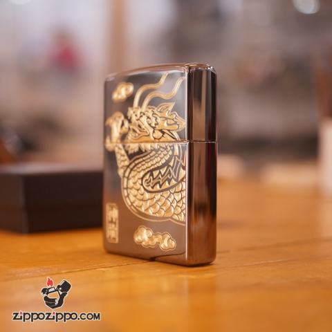Zippo khắc rồng mạ vàng mầu đen