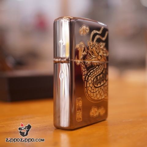 Zippo khắc rồng mạ vàng mầu đen