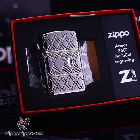 Zippo Slim Armor họa tiết kim cương gằn viên pha lê trắng